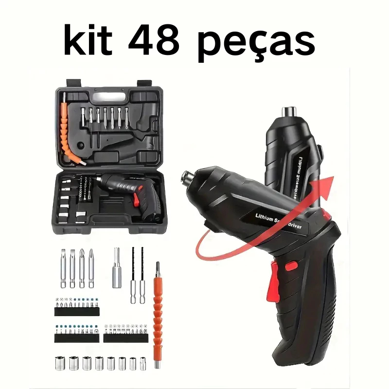 kit Parafusadeira elétrica/furadeira 48 Pçs À Bateria Carregador Usb com maleta Leve Portátil— Techo Pro