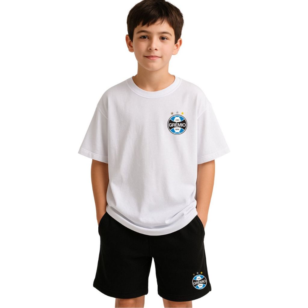 Kit Infantil 2 peças Com 1 Camiseta e 1 Short Moletom Conjunto Futebol  Bermuda Moletom Camisa De Time 100% Algodão