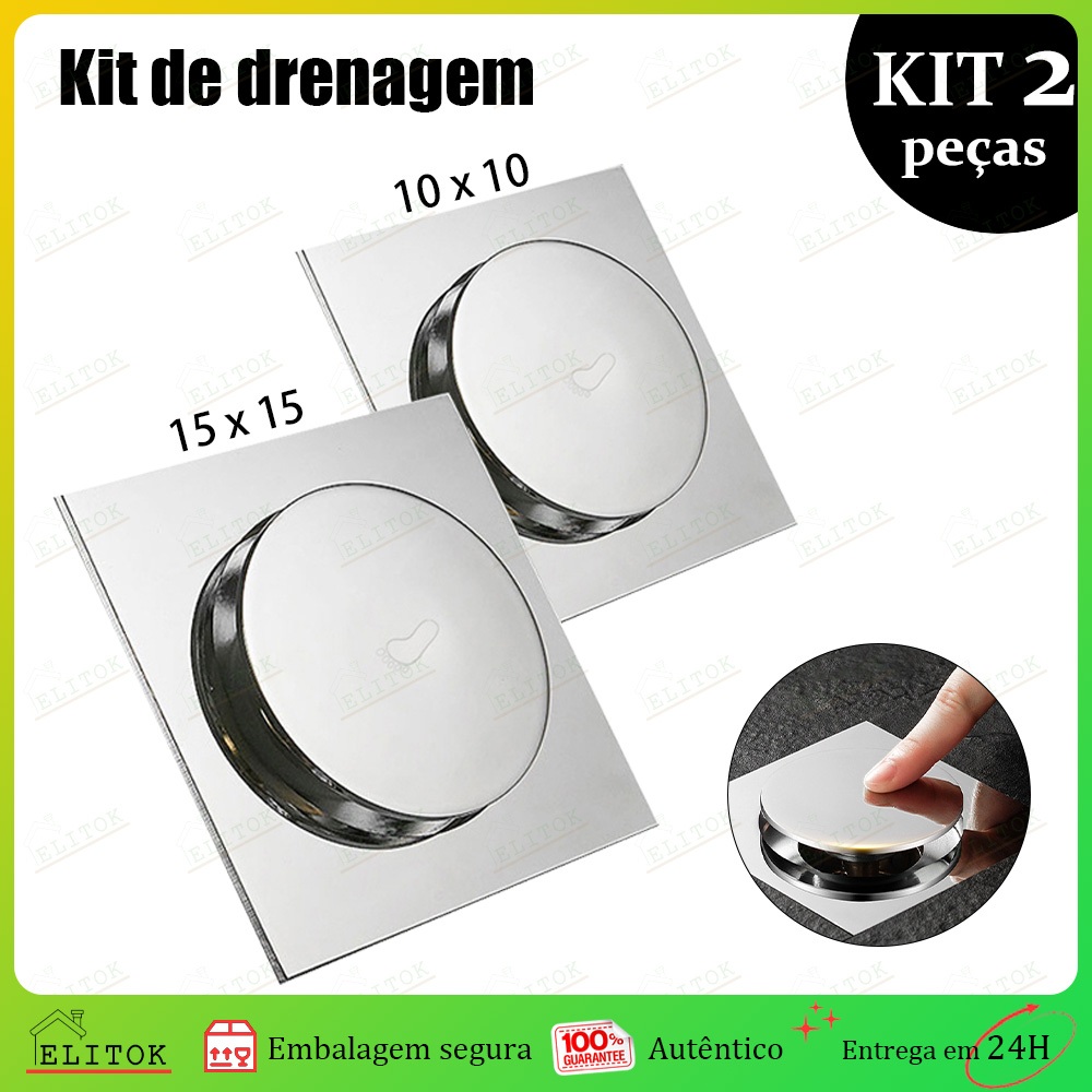 Ralo Click Up Inteligente 10x10 Aço Inox  Kit Banheiro Lavabo C Veda Cheiro Moderno Autolimpante Fácil Limpeza