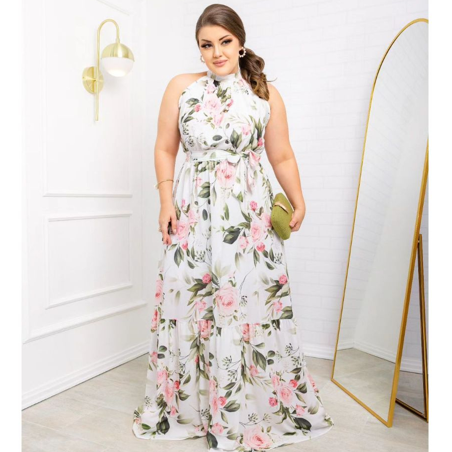 vestido feminino lindo longo Gola Alta estampas floral em Oferta na Shopee