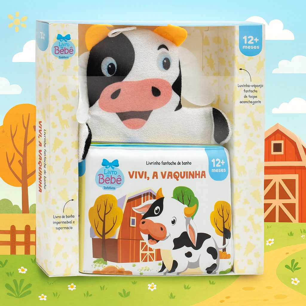 Livrinho Fantoche De Banho Animais Fazenda A Vaquinha Vivi | Livro Infantil Educativo Sensorial Para Bebês
