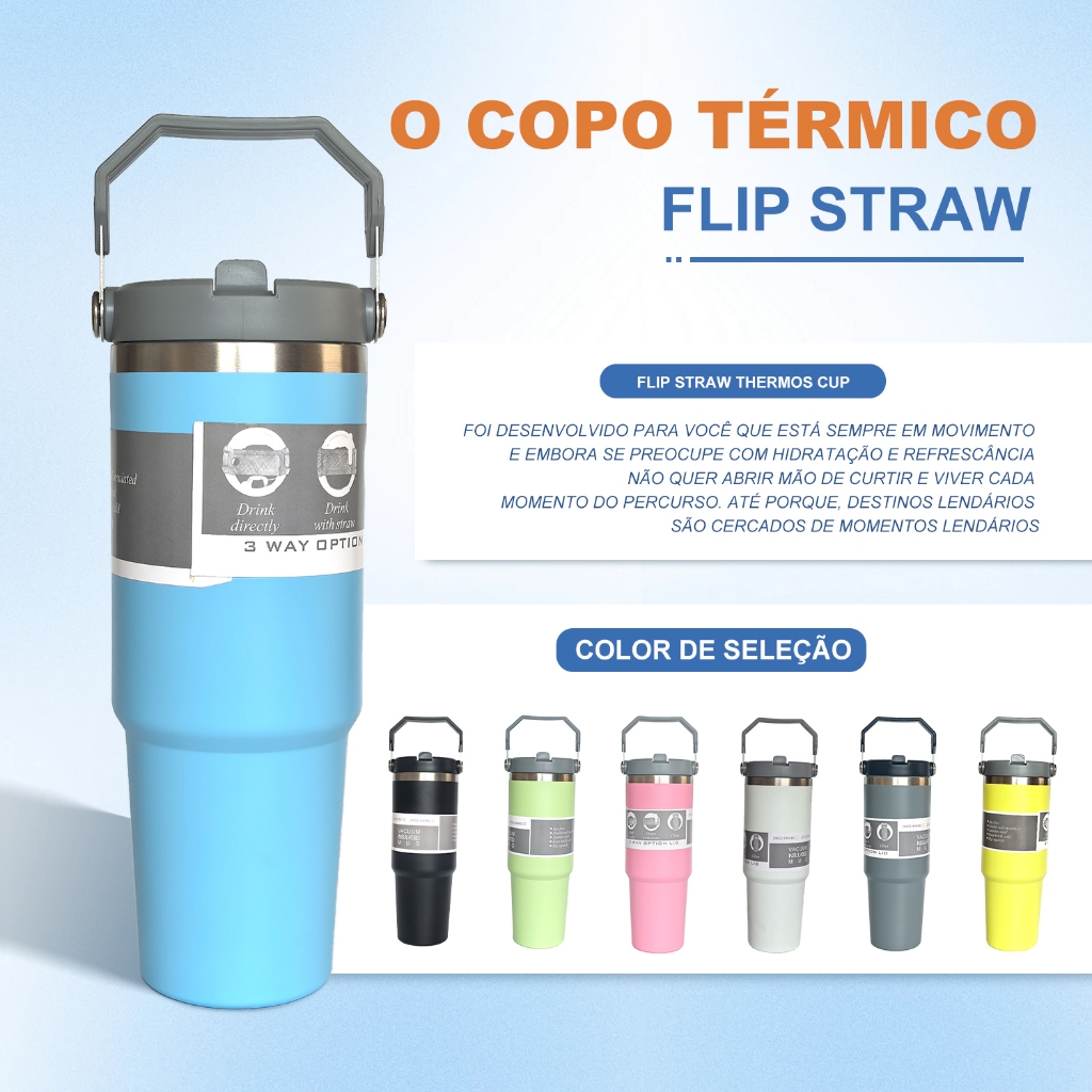 Garrafa Térmica 900ML Com Alça Flip Tumbl Aço Inoxidável Isolamento Térmico Com Canudo P/ Academia Trabalho Caminhada em Oferta na Shopee