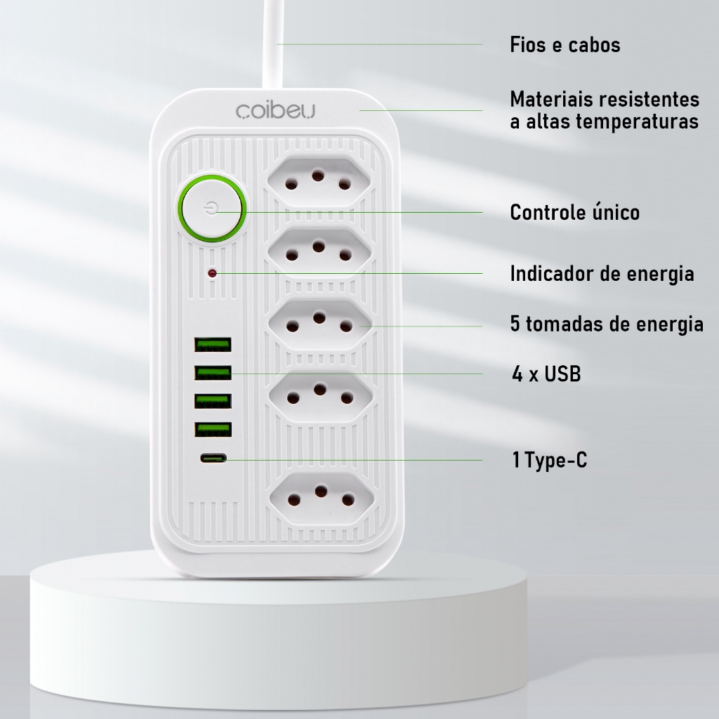 COIBEU® Extensão de 5m  tomada 5/7 e 4 fontes de alimentação USB de dupla voltagem 110V-220V