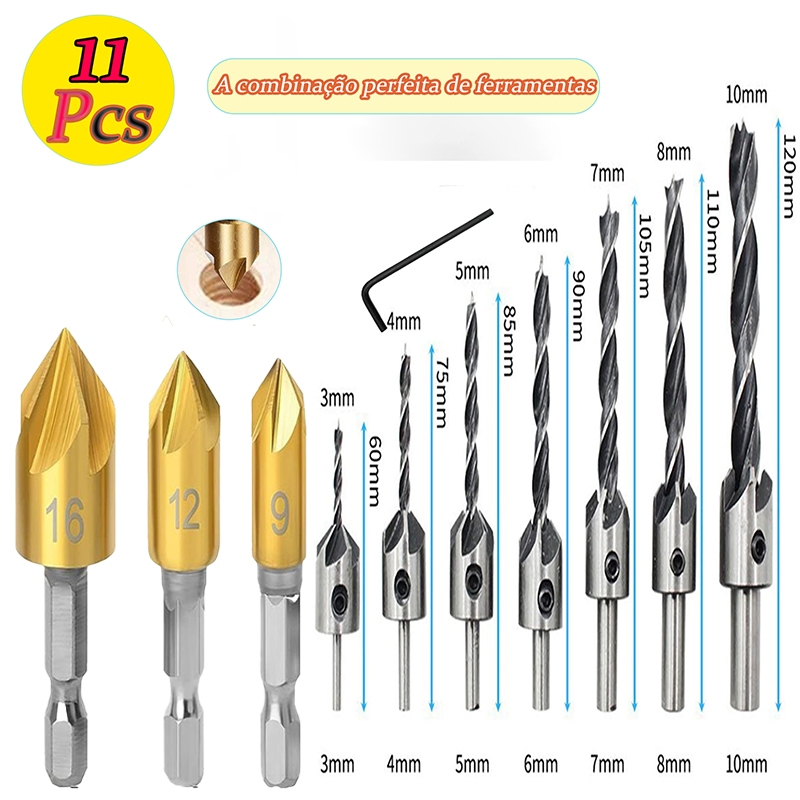 kit jogo broca escariadora 11 peças madeira piloto