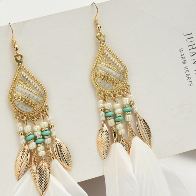 Brinco Boho Pena Dreamcatcher Dourado Longo Pingente Miçangas Festa Verão