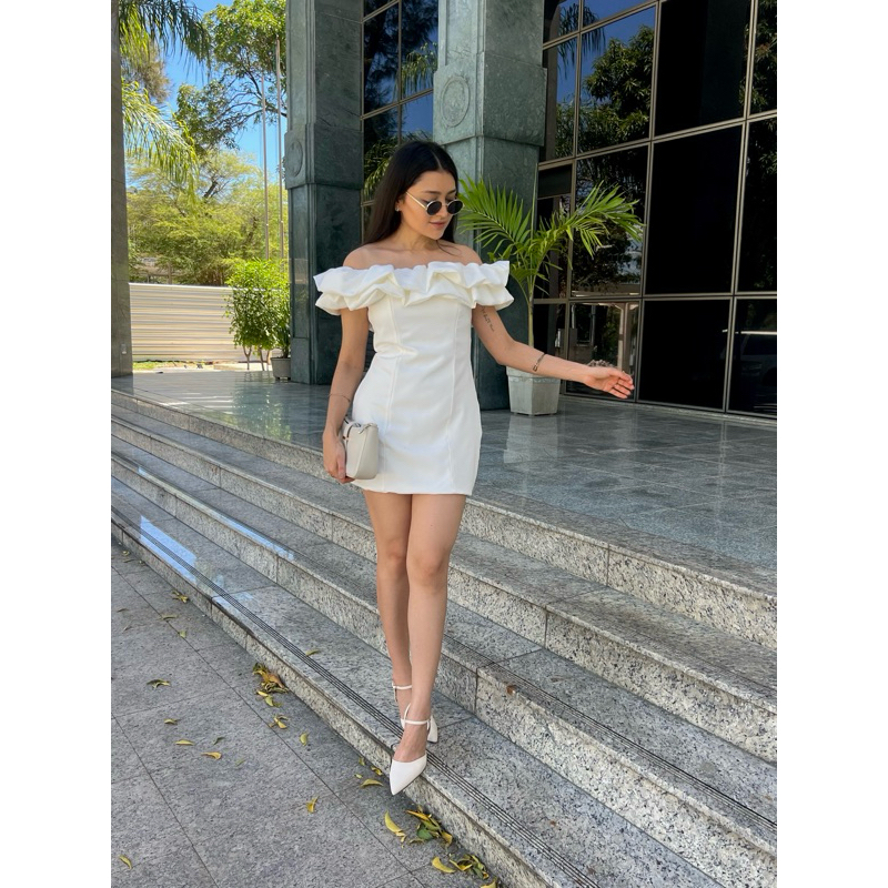 Vestido Cherry Babado Alfaiataria C/ Zíper Atrás em Oferta na Shopee