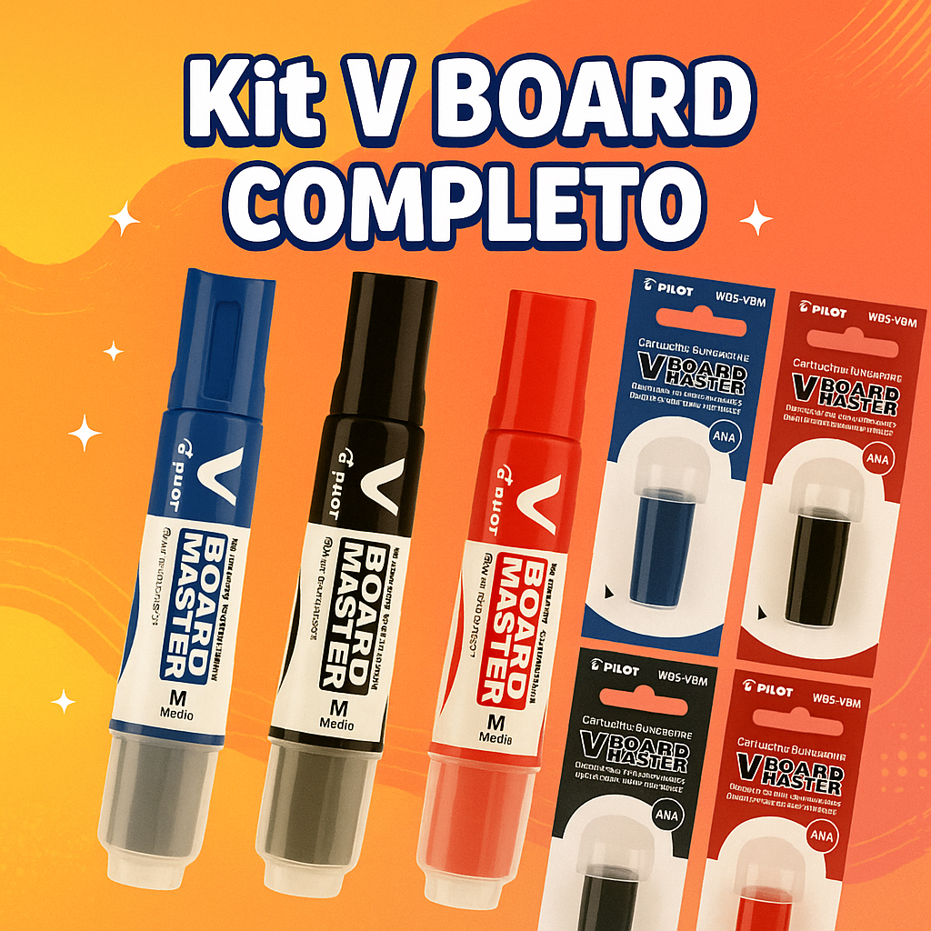 Kit 3 Canetas Pincel Quadro Branco Pilot V-Board Master + 6 Refis Recarregável Tinta Líquida Premium Alta Durabilidade