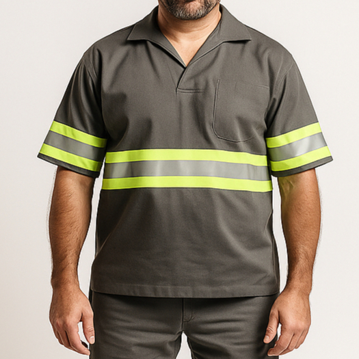 Camisa Jaleco Brim Gola V Manga Curta Brim Faixa Refletiva Resistente Reforçada Serviços Gerais Obra