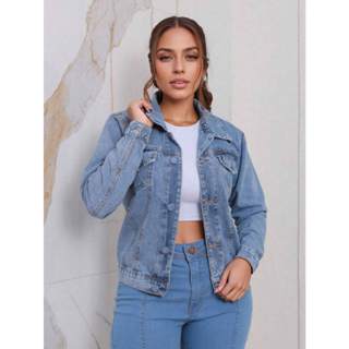 Jaqueta Jeans Feminina casaco manga longa Lavagem Clara botao ferro em Oferta na Shopee