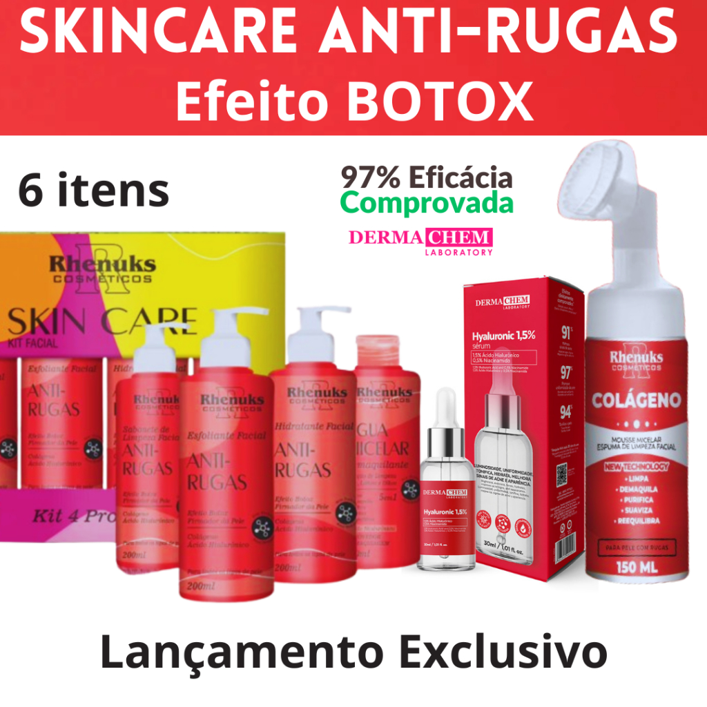 Kit Skincare Anti Rugas Rhenuks + Sérum Hialurônico + Mousse Micelar Espuma Facial Colágeno