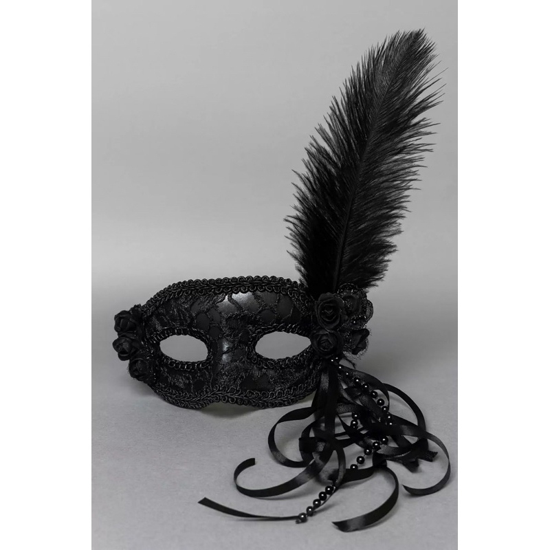Máscara Preta de Baile com Pena e Renda – Fantasia Elegante para Festa, Halloween e Carnaval