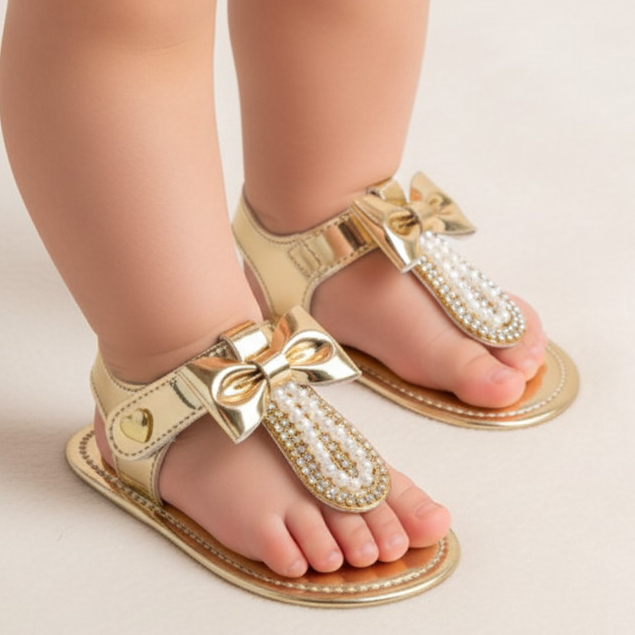 Sandália Bebê Menina Dourada Festa Dedinho Luxo Rasteirinha Laço Pérola Sapatinho Infantil...