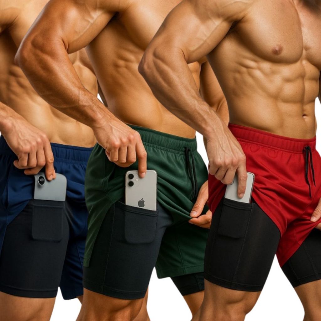 Kit 3 Shorts Masculino 2 Em 1 Academia Corrida Fitness Confortável Com Bolso