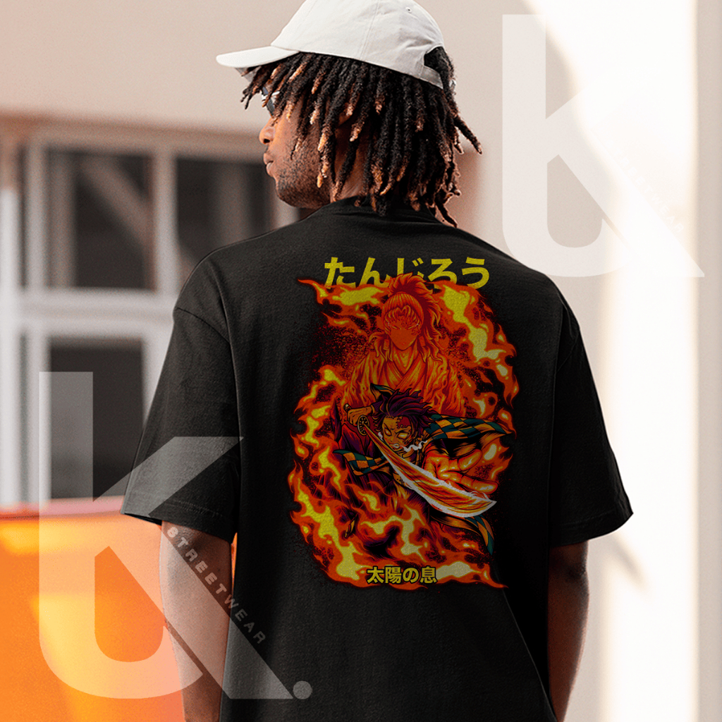 Camiseta Oversized Streetwear Anime Mangá Tanjiro Fire  Demon Slayer Kimetsu Musculação Fitness Casual Confortável