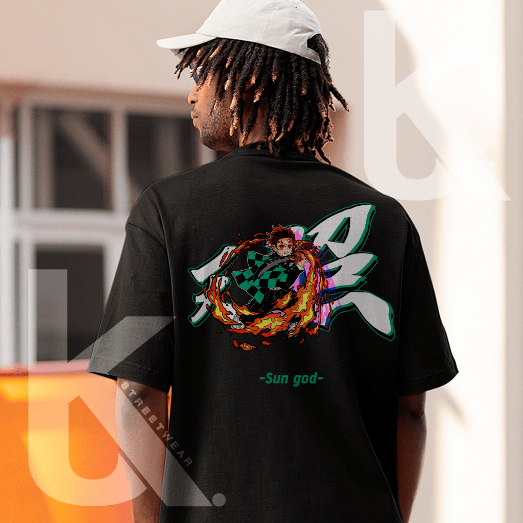 Camiseta Oversized Streetwear Anime Mangá Tanjiro Sun God Demon Slayer Kimetsu Musculação Fitness Casual Confortável