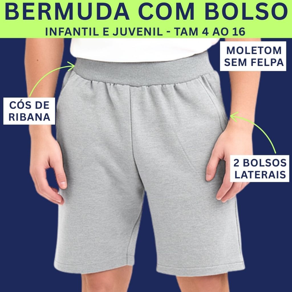Bermuda moletom Infantil Juvenil Menino 2 Bolsos Lisa 3238-A