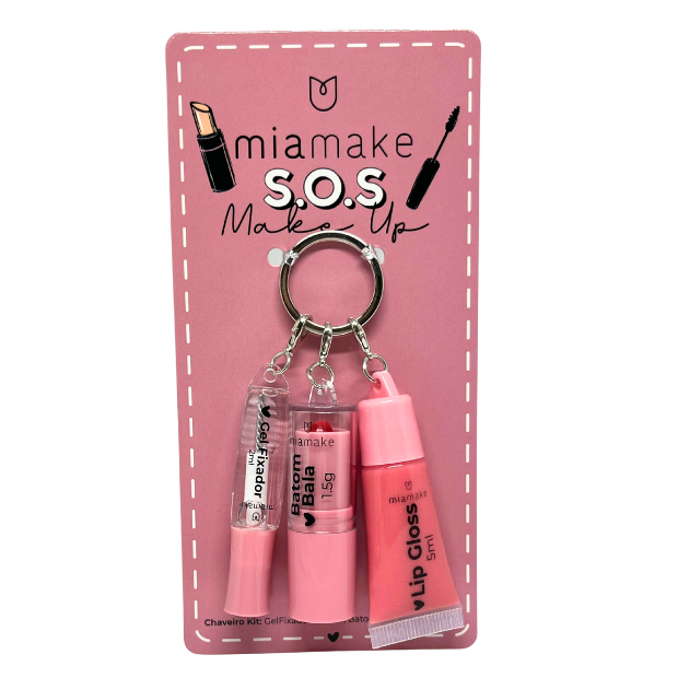 KIT CHAVEIRO 3 EM 1 BATOM BALA LIP GLOSS E GEL FIXADOR MIA MAKE GRUPO ROSA