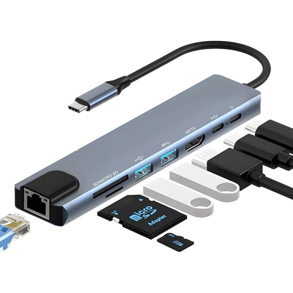 Hub USB Tipoc C 8 em 1 Adaptador Com RJ45 HDMI 4K USB 3.0 Leitor SD-TF