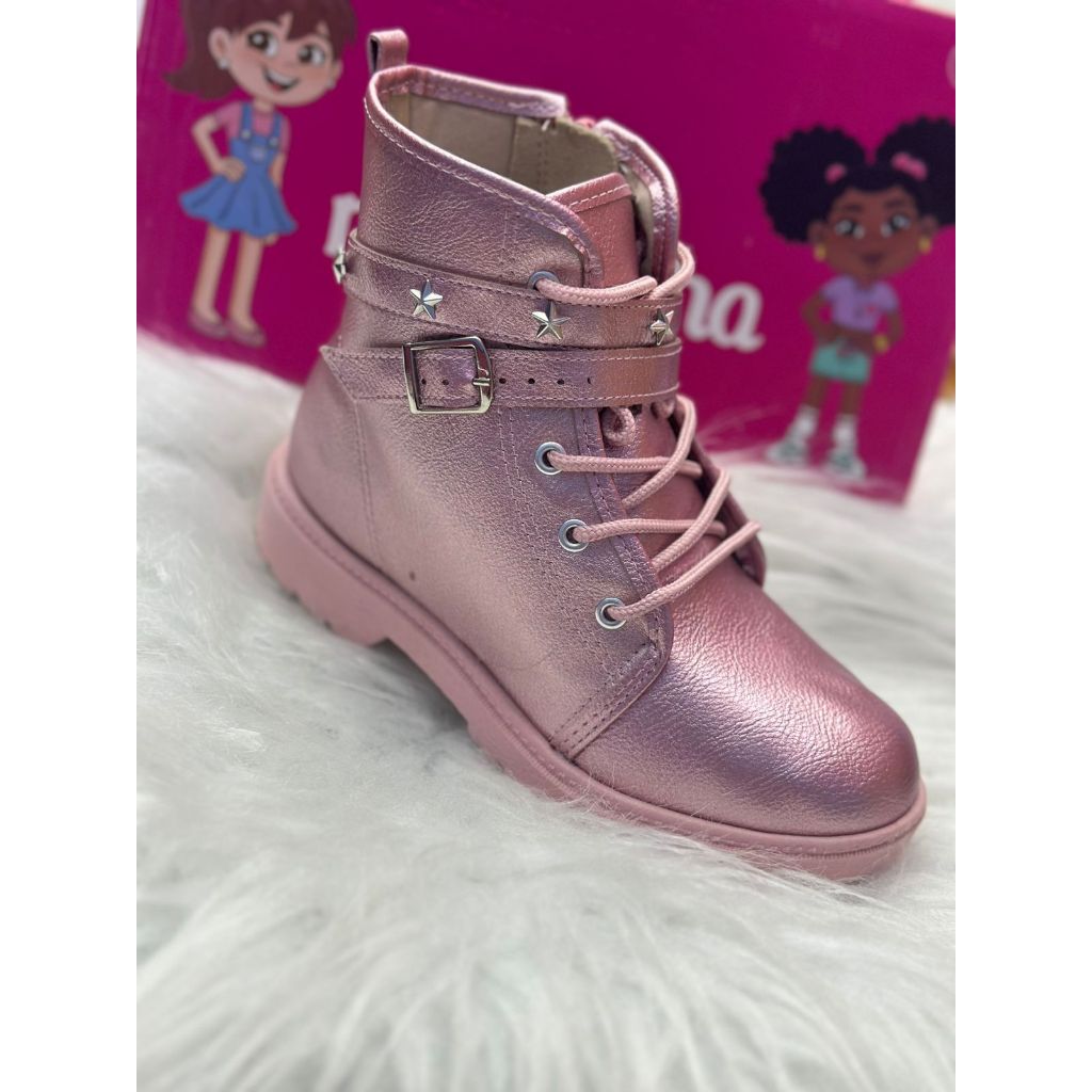 Bota Infantil Coturno Molekinha Feminina Com Ziper e Fivela com Regulagem