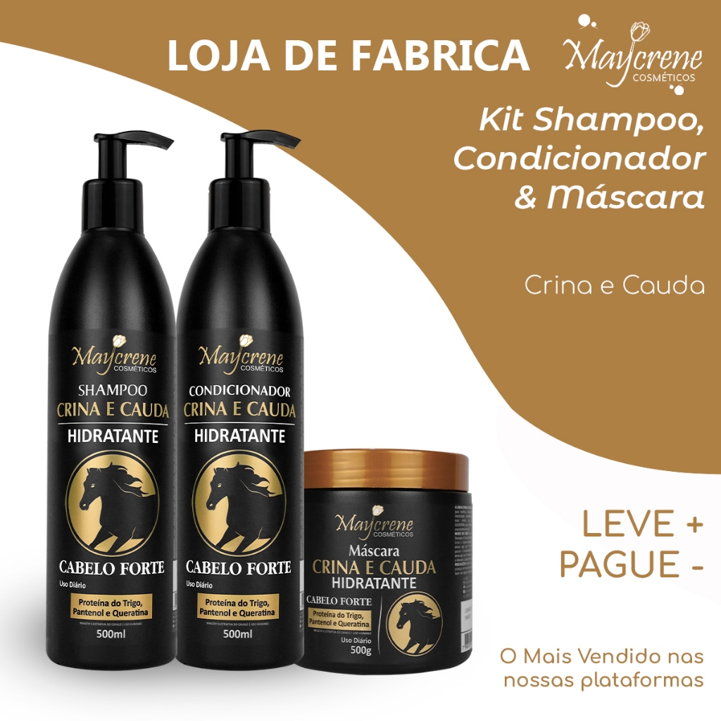 Kit Crina e Cauda Hidratante Maycrene – Shampoo + Condicionador + Máscara (500ml/500g) Cabelo Forte em Oferta na Shopee