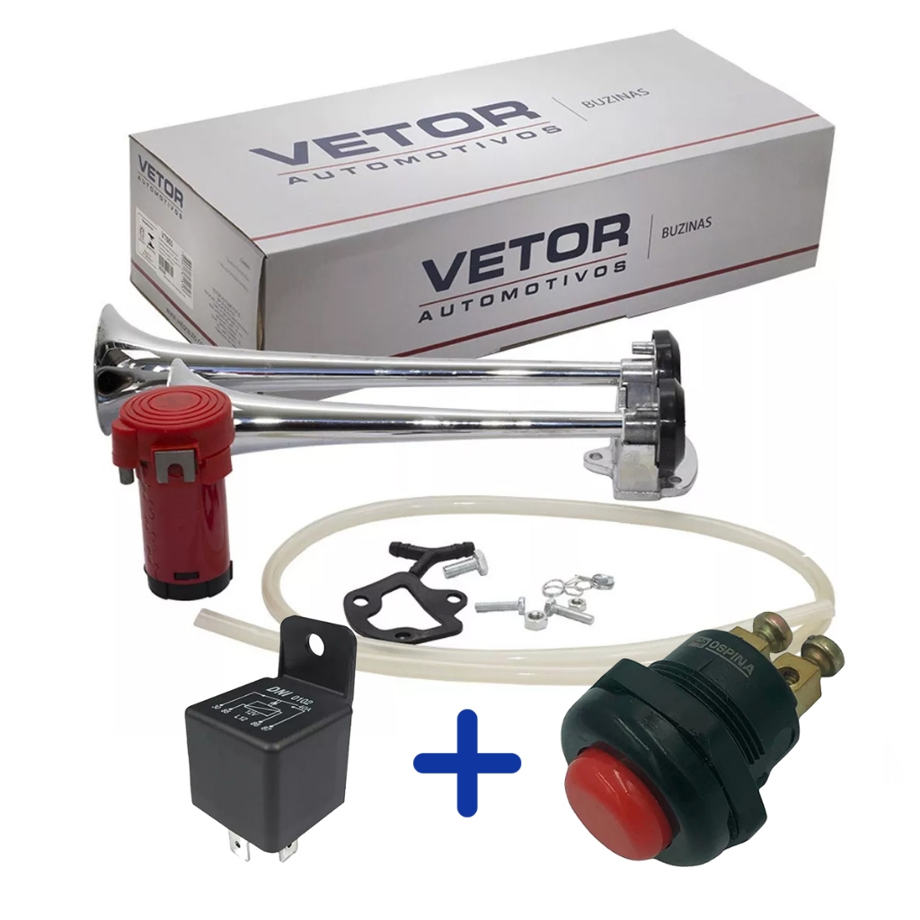 Kit Completo Buzina Ar 2 Cornetas Ferro Cromada Vt053 Relé e Botão de Acionamento