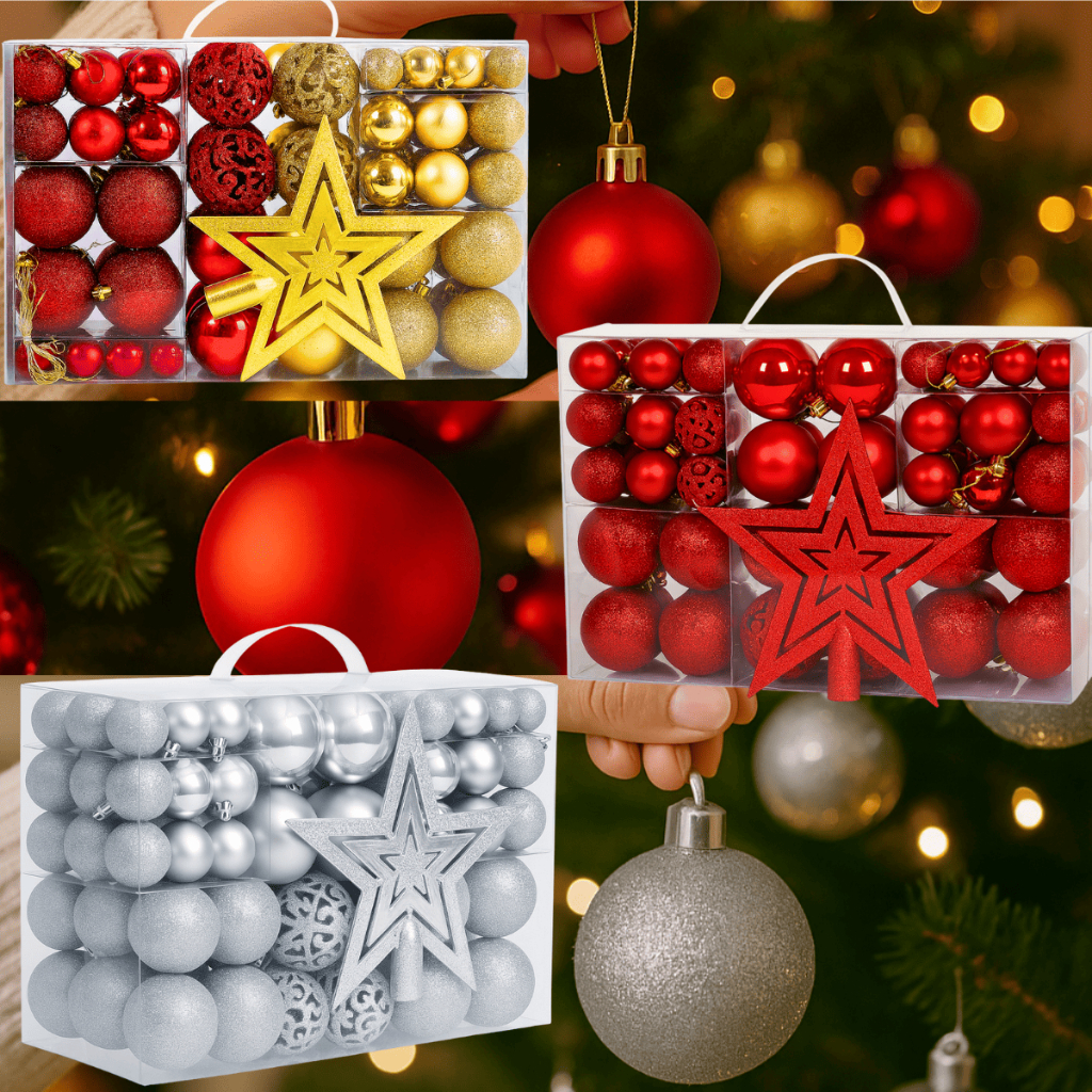 Kit C/101 Enfeites Bolinhas Árvore Natal Lisas Foscas Glitter Com Estrela Arvore Decoração Cores