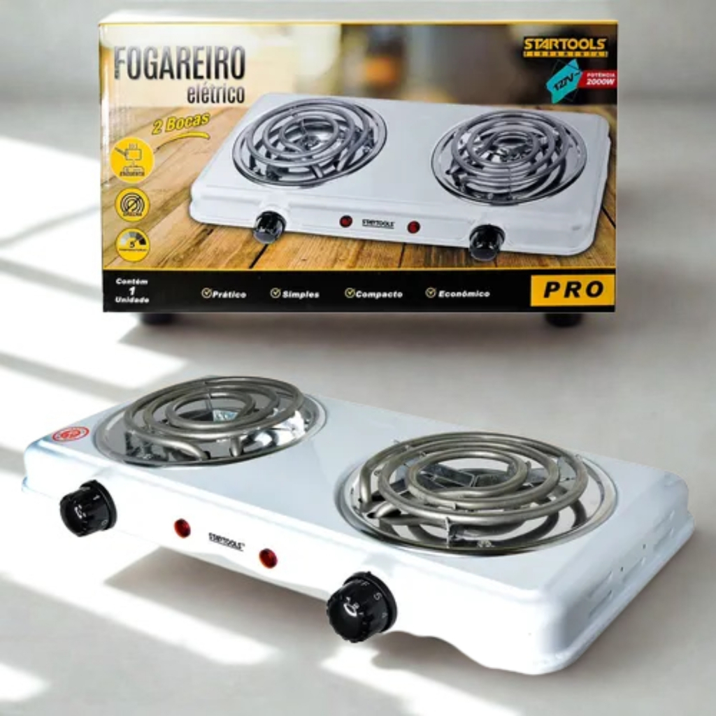 Fogão Elétrico Fogareiro Cooktop  mesa inox Portátil Camping 2000W 2 Bocas 600ºC 127V