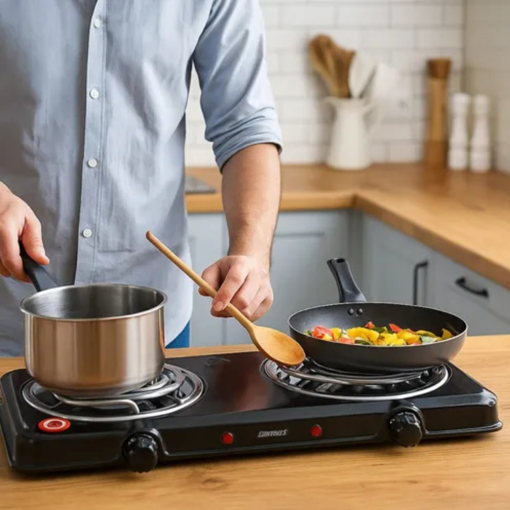 Fogão Fogareiro Elétrico Cooktop de mesa inox Portátil 2 bocas Camping 2000W 600ºC 110V