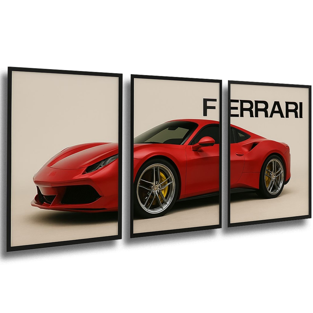 Painel de Parede Ferrari Vermelha – Quadro Moderno Carro Esportivo 3 Partes