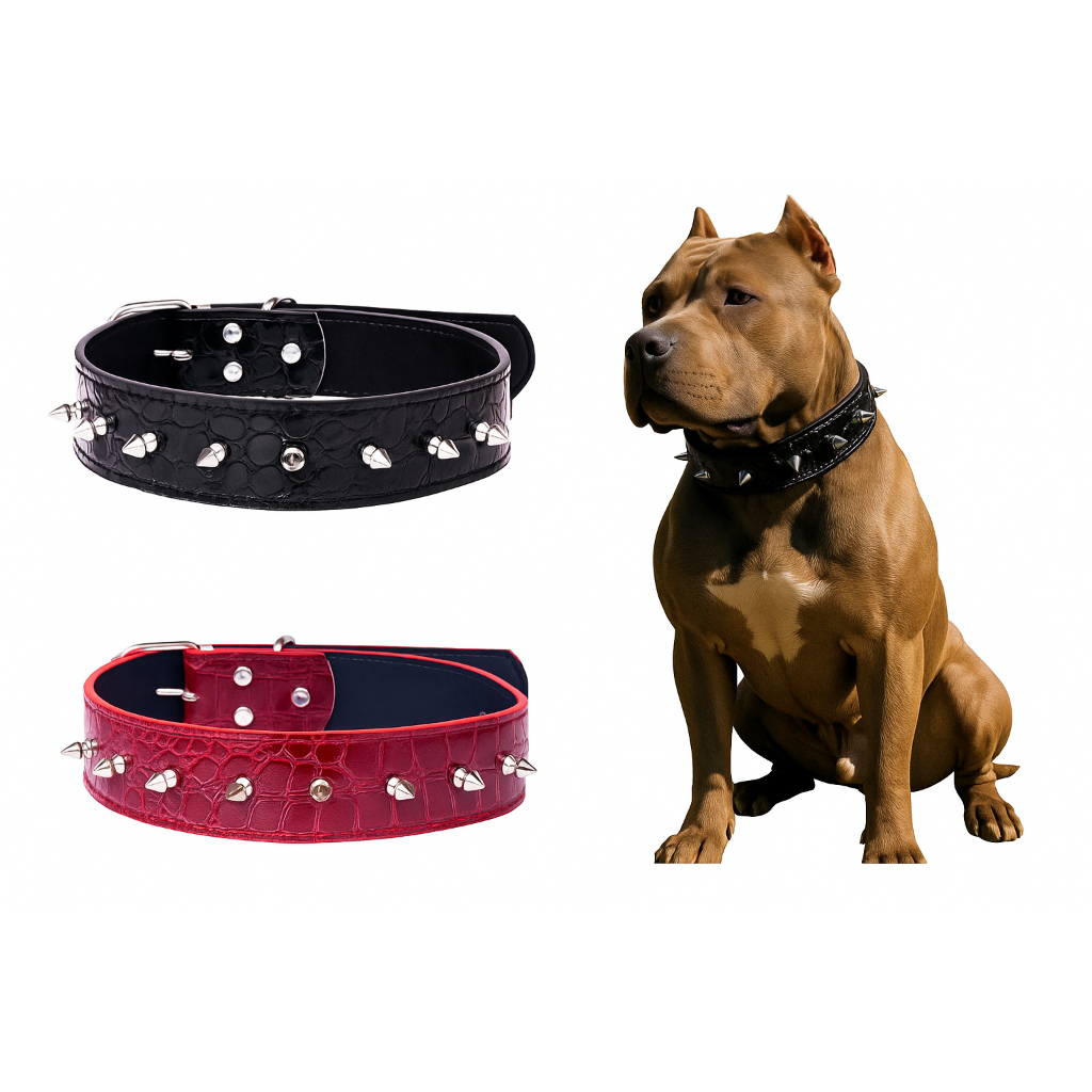 Coleira com spikes em couro sintético para cães de médio e grande porte