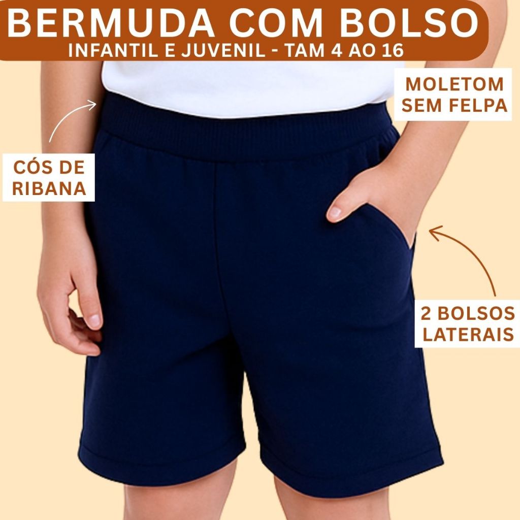 Bermuda 2 Bolsos Infantil Juvenil Lisa moletom Menino 3240-A