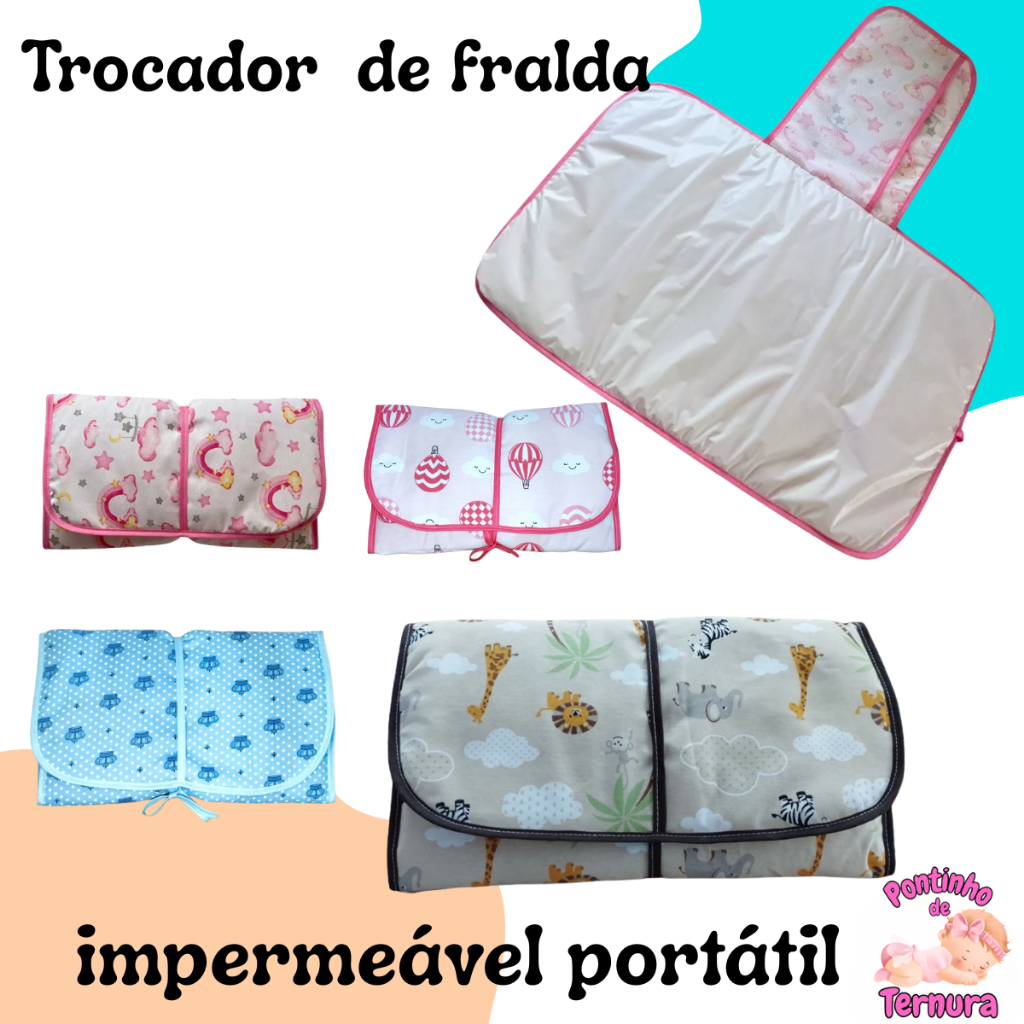 Trocador de fralda impermeável portátil | compacto higiênico com bolso organizador | várias estampas