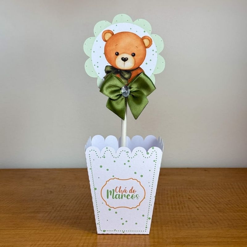 Centro de Mesa Cachepô Ursinho Verde Pegue e Monte  Chá de Bebê Fralda Caixinhas Personalizadas Lembrancinhas