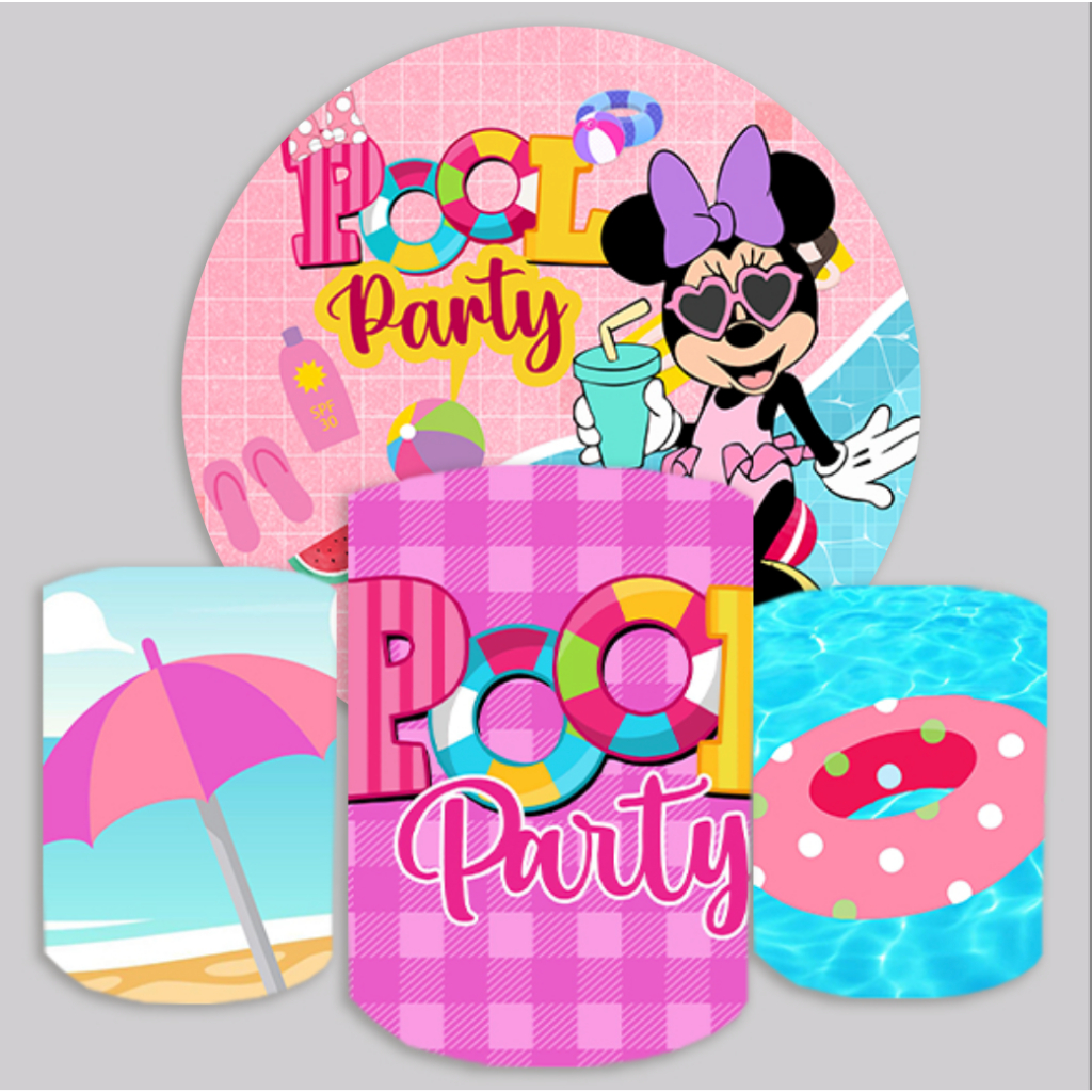 Kit de Capas Painel + Capas Cilindros Minnie Pool Party Festa Piscina Decoração
