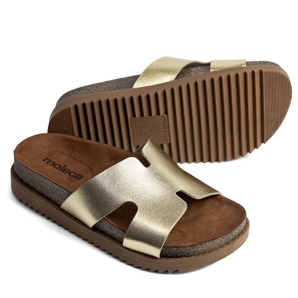 Detalhes do Chinelo Sandália Moleca Tratorado Slide Tamanco 5500.100 Dourado