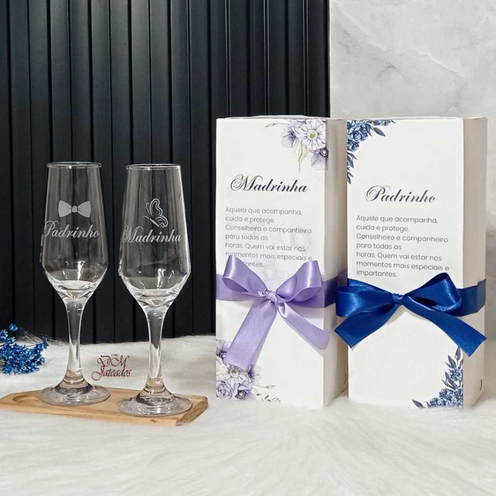 Kit Taças Jateadas Madrinha e Padrinho + Caixa Individual Presente Personalizado Casamento / Batismo