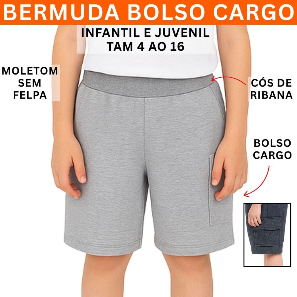 Bermuda moletom Infantil Juvenil Menino Bolso Cargo 3248-A