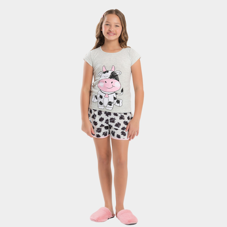 Pijama Verão Menina Blusa e Shorts Vaquinha