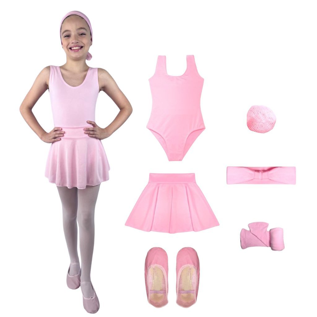 Kit Básico Infantil e Juvenil Balé 6 Itens Collant Regata