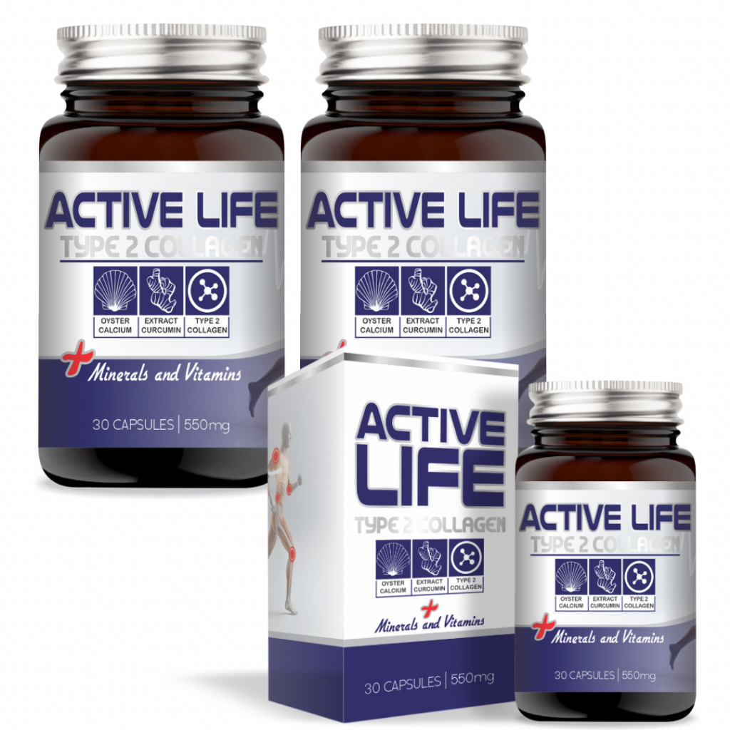Active Life 3 unidades – Colágeno Tipo 2 + Cálcio + Magnésio+ Cúrcuma - 30 cápsulas (550mg)