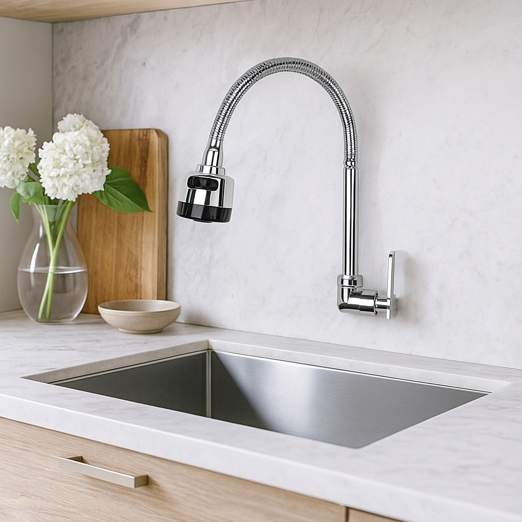 Torneira Gourmet Parede Cozinha Inox Flexível Ducha Spray 360º Bica Móvel Design Moderno Elegante