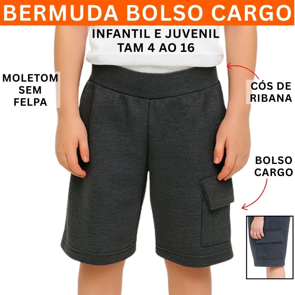 Bermuda Infantil Menino Shorts Juvenil Moletom Careca Leve Bolso Cargo 3249-A