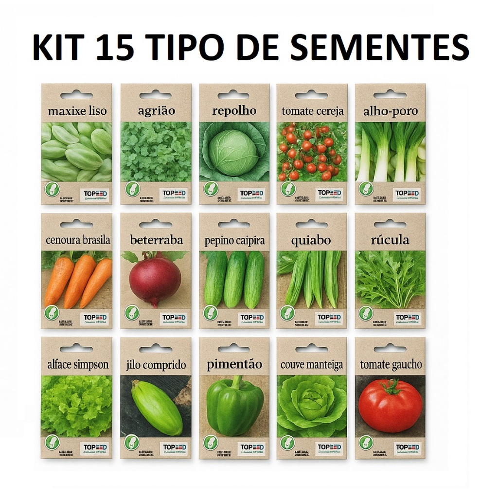 kit 15 Sementes Horta Verduras Cenoura Repolho Tomate Beterraba Jilo Rucula Maxixe Pimentao Alho Agriao Variadas