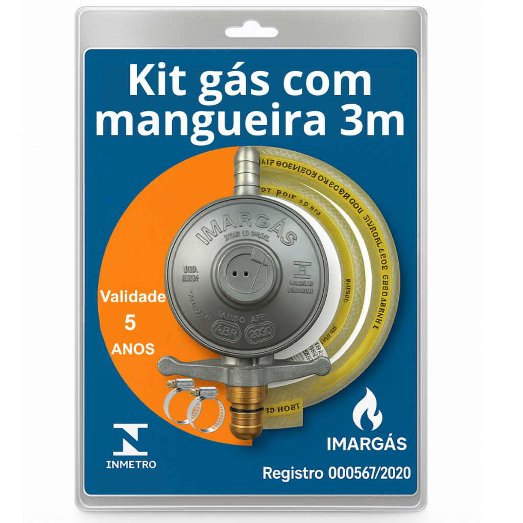 Kit Registro Regulador Gás de Cozinha para Botijão P13 Com Mangueira 3m e 2 Abraçadeiras