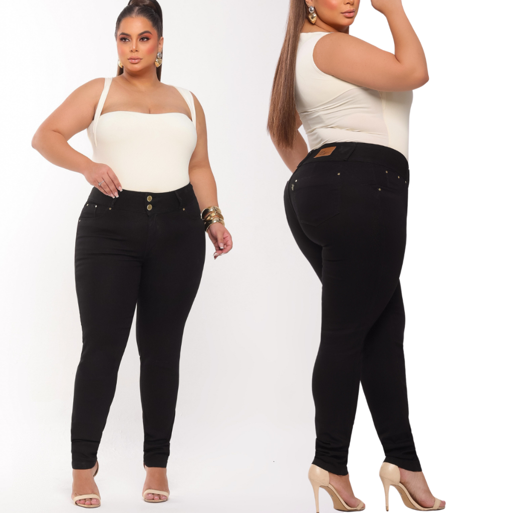 Calça plus Size Moda Maior Jeans Feminina Com Lycra Tamanho Grande Preta Cós Alto Levanta Bumbum 2 botoes