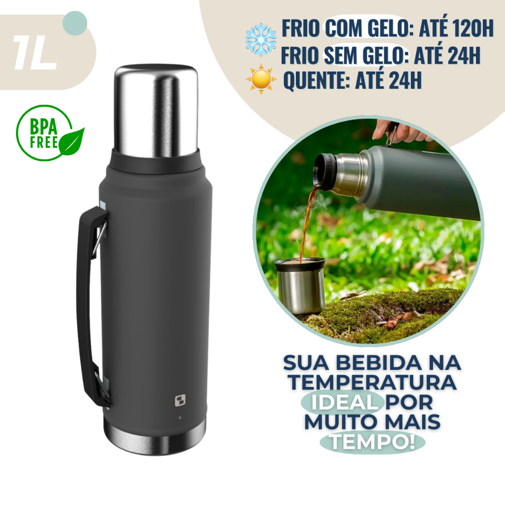 Garrafa Térmica Inox 1L Café Chá Resistente Everest Soprano em Oferta na Shopee