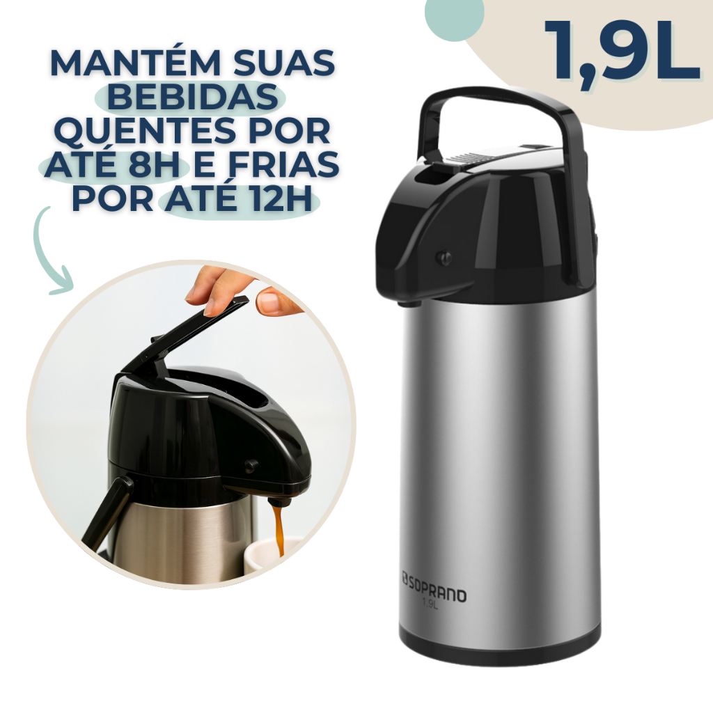 Garrafa Térmica Aço Inox 1,9L Café Chá Exclusiva Soprano