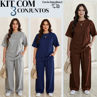 Kit com 3 conjunto Blusa Feminina over e Calça Pantalona