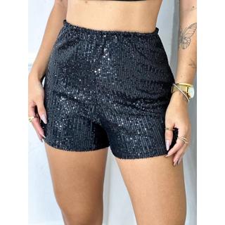 Short Bermudas Paetê Forrado Curto Cintura Alta Elastico Cintura Lantejoulas Empina Bumbum Brilho Festa Balada Debutante