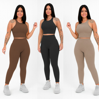 Conjunto Feminino Calça e Cropped Canelado Premium em Oferta na Shopee